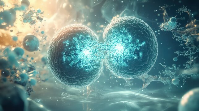 A hyper-realistic 3D rendering of a microscopic view of the process of cell division. The parent cell is glowing softly in a bluish hue, splitting into two perfectly spherical daughter cells 