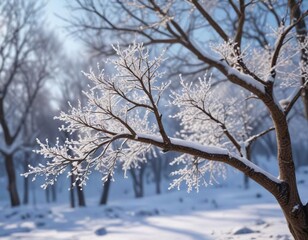 Delicate snowflakes resting on bare tree branches in winter, winter, tree, snow, seasonal