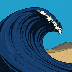 Stylized illustration of a large ocean wave curving over a desert landscape.