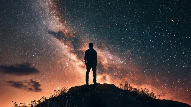 A man stands on a hill looking up at the stars