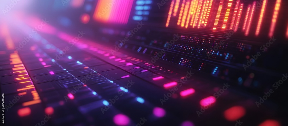 Poster close-up of a futuristic control panel with glowing lights and buttons.