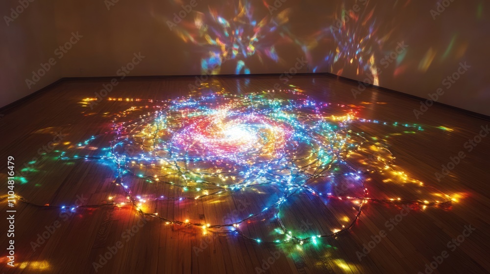 Poster a vibrant display of colorful lights creating a swirling pattern on a wooden floor.
