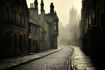 Obraz premium Foggy Cobblestone Street in Historic European Town with Solitary Figure