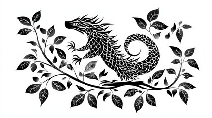 Black Dragon Tattoo Design with Branches and Leaves