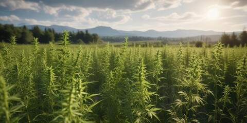 Naklejka premium Scenic view of wild hemp growing in a rural area, flora, green plants, agricultural revolution, bio diversity, blossoms