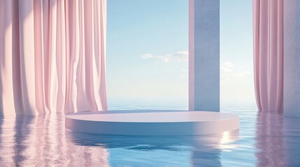 Serene stage on water with soft curtains, ideal for presentations or artistic displays.