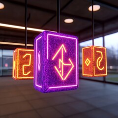 Three glowing neon cubes hang from ceiling, textured surface, modern interior.