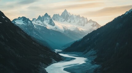 Serene mountain landscape with a winding river and snow-capped peaks at sunset.