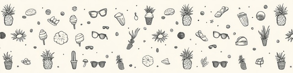 Summer Beach-Themed Seamless Pattern Illustration with Sunflowers, Cacti, and Ice Cream