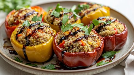 Colorful Roasted Vegetable and Quinoa Stuffed Bell Peppers with Balsamic Glaze - Healthy Plant-Based Food Concept