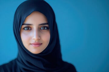 Naklejka premium A woman wearing a black head scarf with a blue background