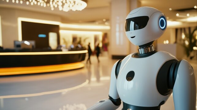 A robotic hospitality service center, luxury hotel lobby with robot concierges assisting guests, Hospitality Robotics style