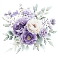 Fototapeta premium Watercolor floral bouquet arrangement with lavender roses, white peonies, pale purple hydrangeas, green leaves for wedding stationary, backgrounds and prints