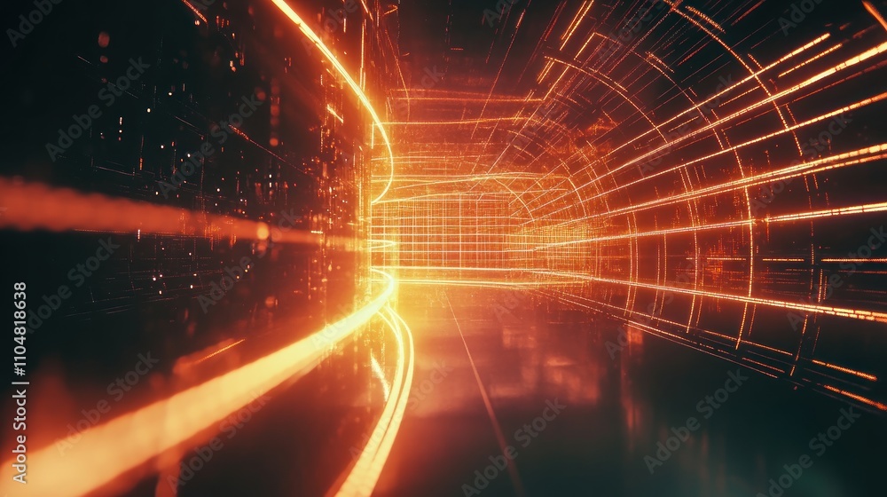 Poster a futuristic tunnel with glowing lines and a reflective surface, suggesting speed and motion.