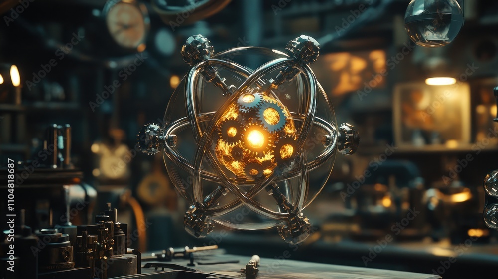 Aufkleber a glowing atomic model surrounded by steampunk elements in a workshop setting.