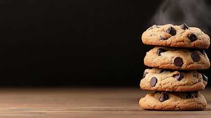 Stack of freshly baked chocolate chip cookies steaming on a wooden table.