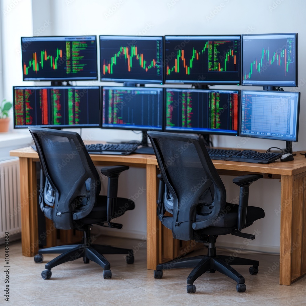 Poster two workstations with multiple monitors displaying stock market data.