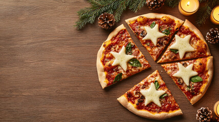 Christmas Pizza Festive Theme, Delicious pizza cut into star shaped slices, perfect for celebrations!
