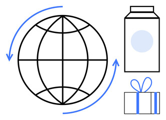 Globe at center with arrows indicating movement, carton box, and gift package. Ideal for international trade, logistics, shipping, e-commerce, global business supply chain importsexports. Line