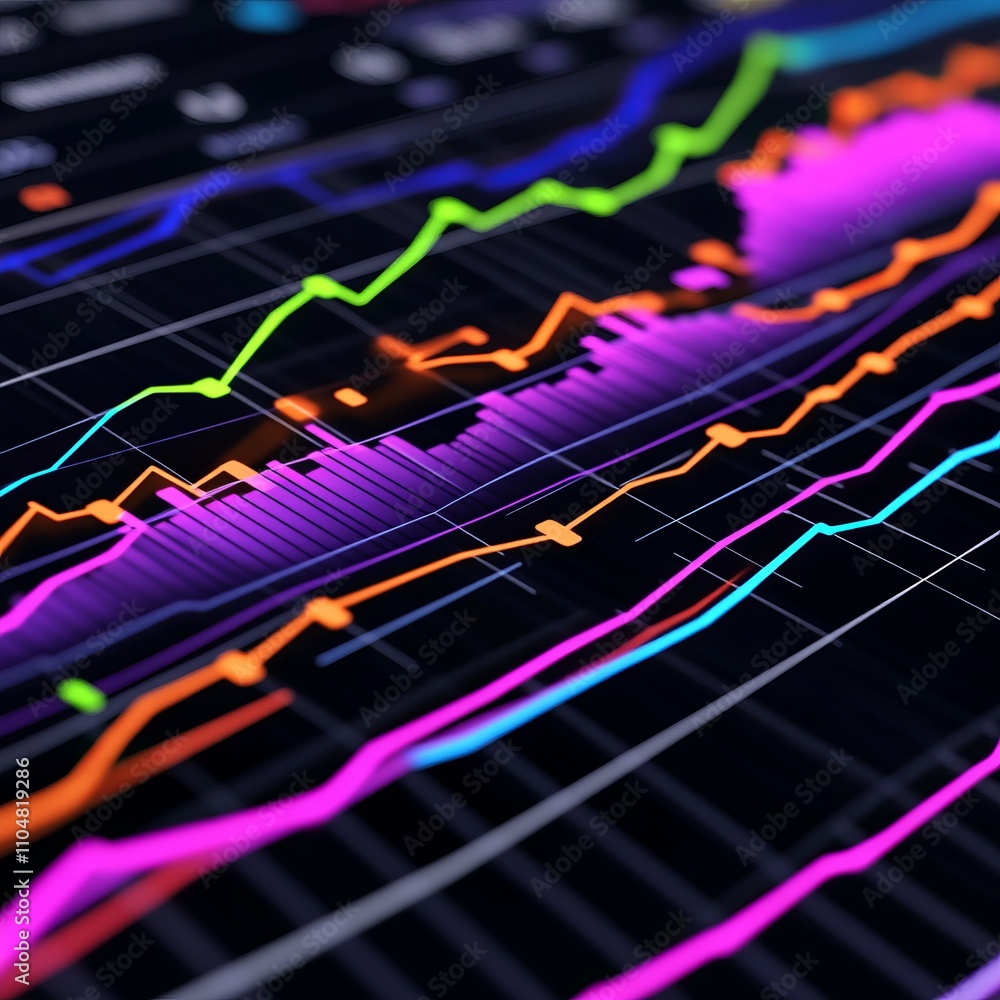 Aufkleber vibrant multicolored graphs showing market trends and data analysis on a dark background.