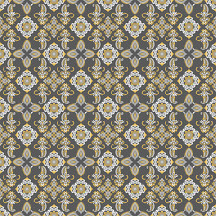 Seamless Ornate Yellow and Gray Floral Geometric Pattern – Damask and Diamond Motifs