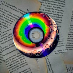 This vibrant, surreal photograph captures discs placed on weathered paper, illuminated by intense...