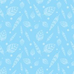 Seamless Light Blue Winter Leaf Pattern – Delicate White Leaves and Snowflakes for Seasonal Background