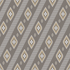 Seamless Gray and Beige Geometric Ikat Pattern with Diamond and Floral Motifs