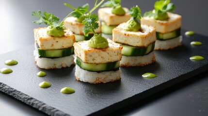 Delicious Vegan Sushi Rolls with Avocado, Cucumber, and Spicy Tofu on Stylish Black Slate Plate