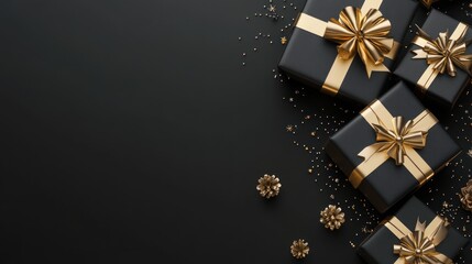 Black gift boxes with gold bows and scattered decor elements on a dark background. Elegant packaging and celebration design concept.