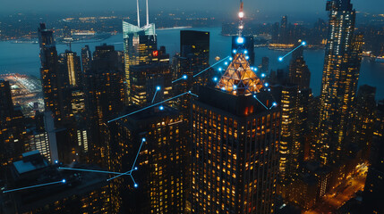 Smart digital city with connection cyber security network reciprocity over the twilight cityscape.future wireless digital city and social media networking systems that connects people within the city