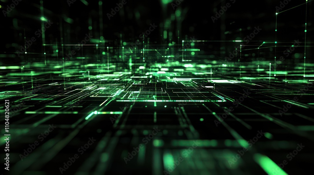 Aufkleber a digital landscape of green lines and grids, representing data flow and technology.