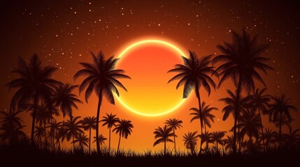 A vibrant sunset scene with silhouetted palm trees against a starry sky.
