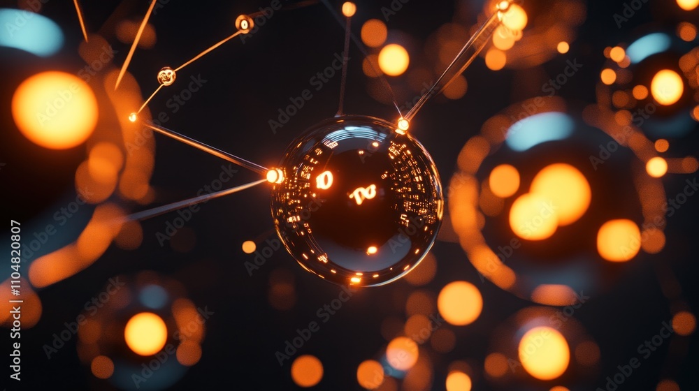 Poster abstract representation of interconnected glowing spheres, symbolizing molecular or atomic structure