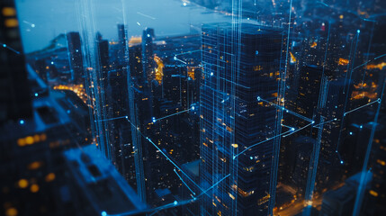 Smart digital city with connection cyber security network reciprocity over the twilight cityscape.future wireless digital city and social media networking systems that connects people within the city