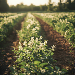 Blooming potato plants in flowering rows farm field nature scene rural setting agricultural perspective pre-harvest beauty