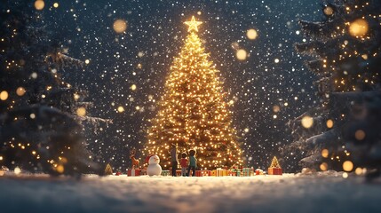 Children Admire a Lit Christmas Tree in a Snowy Forest