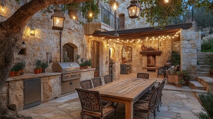 Tuscan-Style Outdoor Kitchen and Dining Area at Dusk