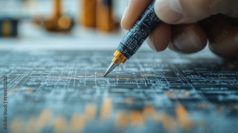 Poster a hand using a pen to draw on a complex diagram, with the pen tip highlighted and the diagram in the