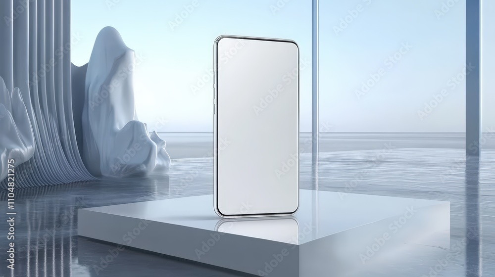Poster realistic 3d render of a blank white smartphone mockup in a minimalist environment featuring modern 