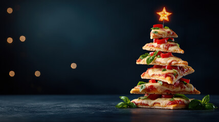 Christmas Pizza Festive Theme,  stack of pizza slices shaped like Christmas tree, topped with basil and tomatoes