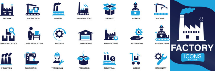 Factory icon set. industry, production, machine, manufacture, warehouse, fabrication You can easily change the color