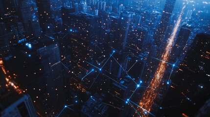 Smart digital city with connection cyber security network reciprocity over the twilight cityscape.future wireless digital city and social media networking systems that connects people within the city