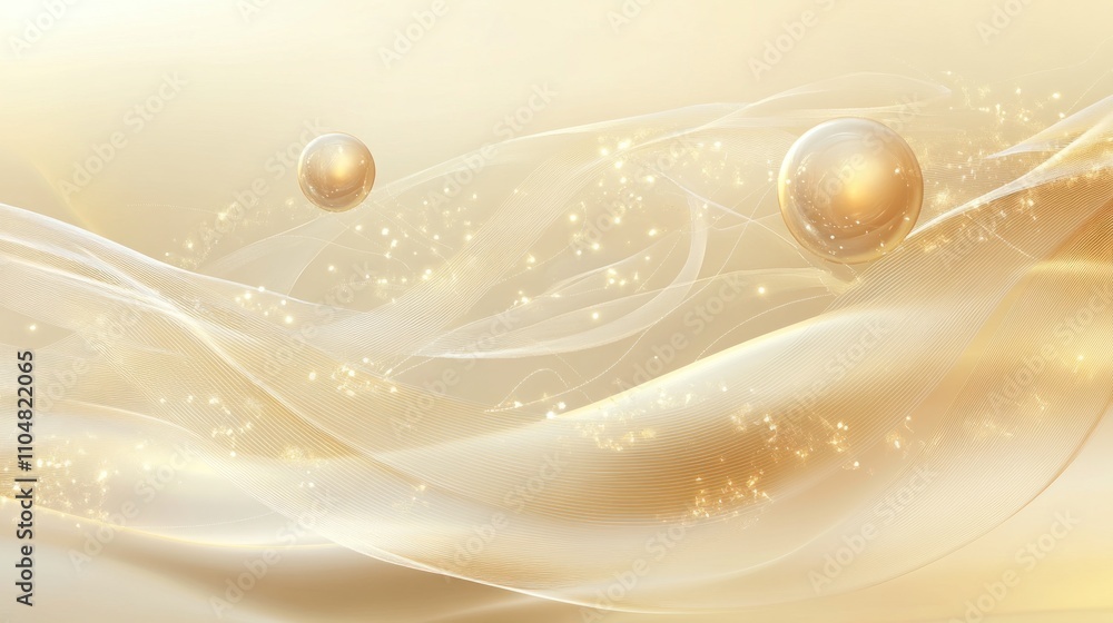 Poster abstract golden waves with floating spheres and sparkles, evoking elegance and tranquility.