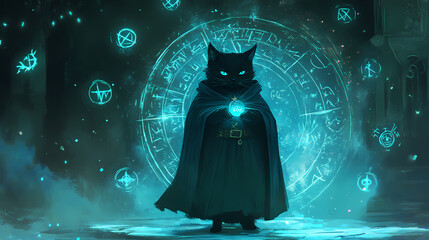 Mysterious black cat dressed as a wizard surrounded by enchanting glowing symbols. Runic. Illustration