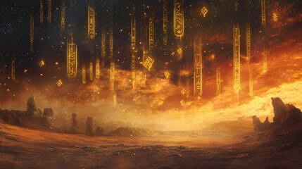 Mystical desert landscape with ancient runic charms suspended in the air, enveloped in a swirling, magical mist, glowing under a twilight sky. Runic. Illustration