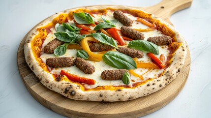 Gourmet Vegan Pizza with Plant-Based Sausage and Colorful Bell Peppers on Wooden Board