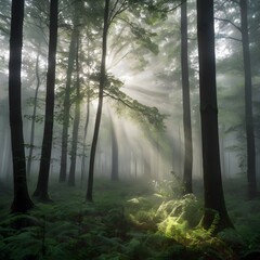 A blurred atmospheric image of a serene forest in the early morning, with dense fog creating a mysterious and calming ambiance.