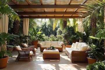 Tropical Patio Cozy Seating Area with Wicker Furniture and Greenery Under Pergola