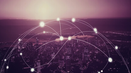 Smart digital city with connection cyber security network reciprocity over the twilight cityscape.future wireless digital city and social media networking systems that connects people within the city